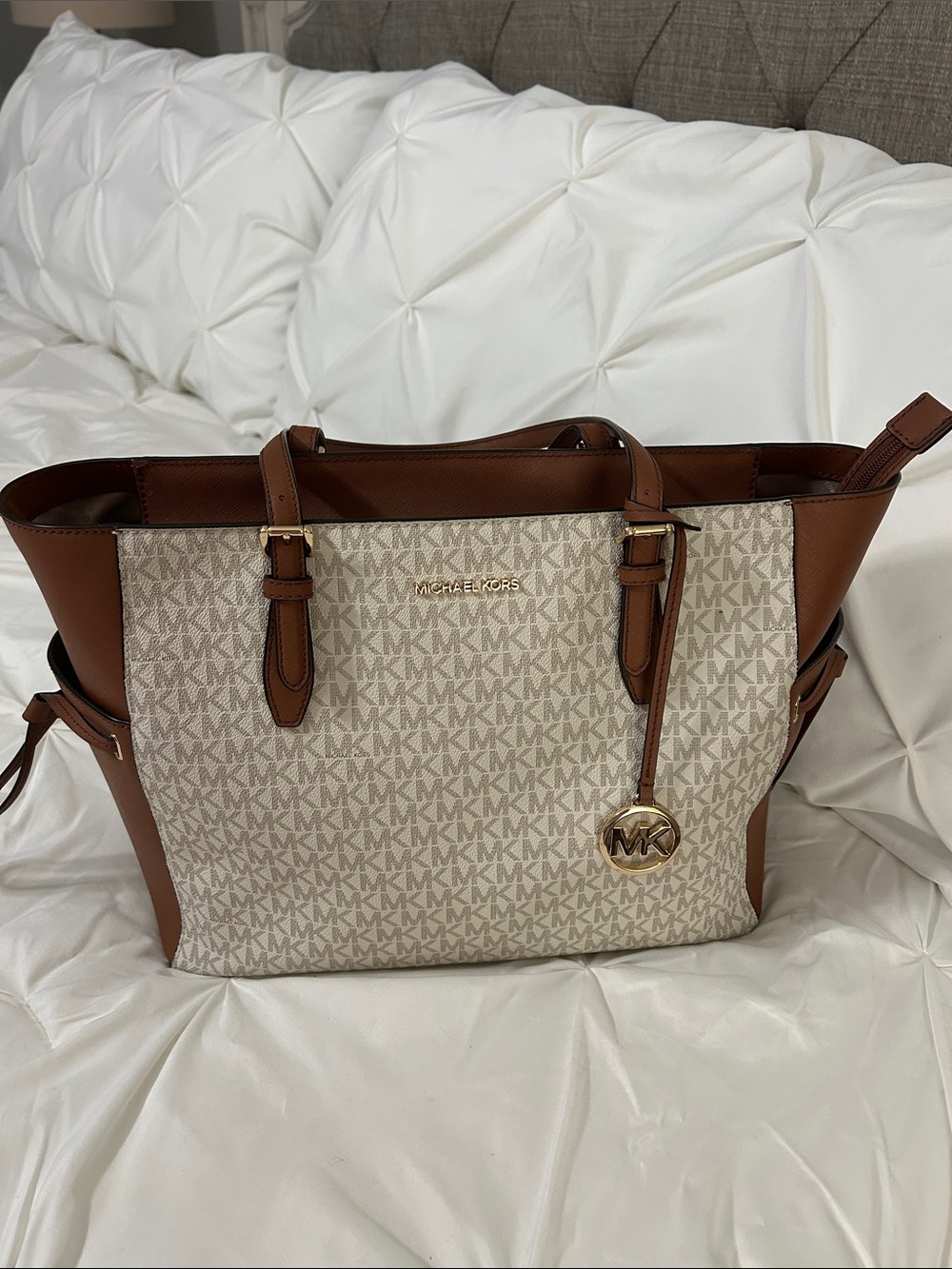 Michael Kors Beige Signature Logo Tote with Brown Trim